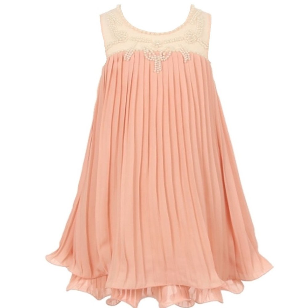 Girls Peach Pleated Party Dress with Ivory Beaded Yoke